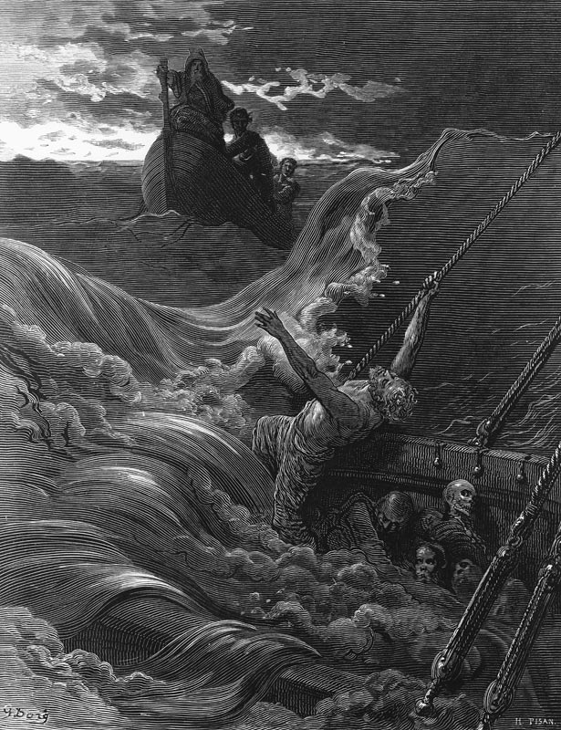 The mariner, as his ship is sinking, sees the boat with the Hermit and Pilot, scene from ''The Rime  de Gustave Doré