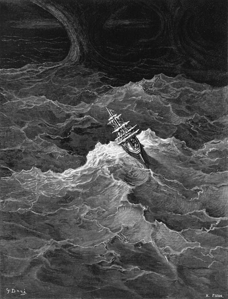 Ship in stormy sea, scene from ''The Rime of the Ancient Mariner'' S.T. Coleridge,S.T. Coleridge, pu de Gustave Doré