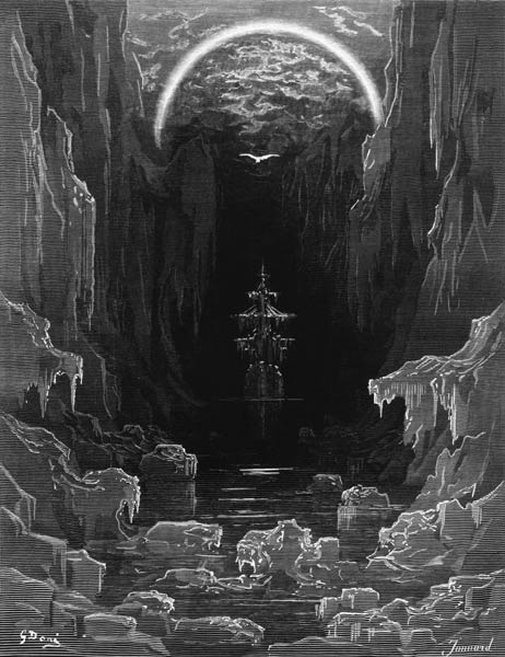 The appearance of the albatross to lead the marooned ship out of the frozen seas of Antartica, scene de Gustave Doré