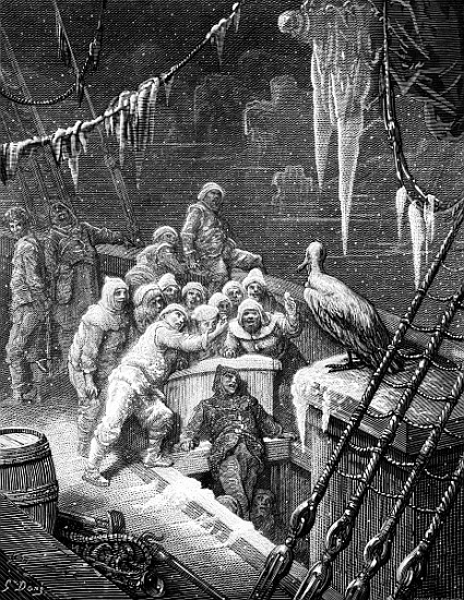 The albatross being fed the sailors on the the ship marooned in the frozen seas of Antartica, scene  de Gustave Doré