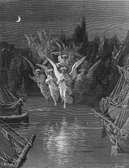 The angelic spirits leave the dead bodies and appear in their own forms of light, scene from ''The R de Gustave Doré