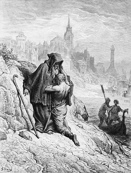 The Mariner begs the Hermit to give him absolution from his sin, scene from ''The Rime of the Ancien de Gustave Doré