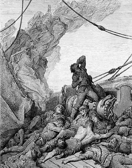 The Mariner, surrounded the dead sailors, suffers anguish of spirit, scene from ''The Rime of the An de Gustave Doré