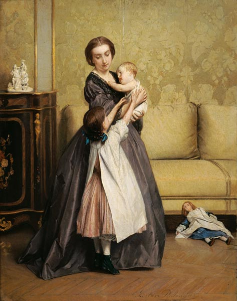 Young Mother with her Children in a Salon de Gustave Leonard de Jonghe