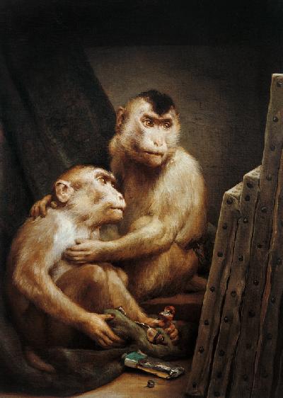 Art critics - Two monkeys examine a painting