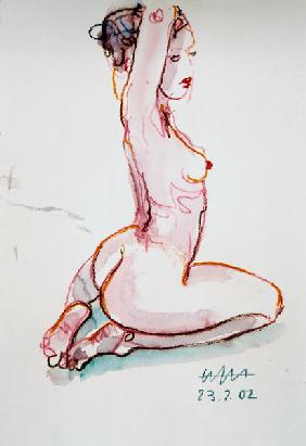 Female act, hands at the neck, sitting on the lowe