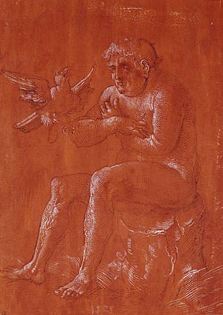 Nude man sitting on a tree trunk listening to a parrot (pen & ink and white chalk on red paper) de Hans Baldung Grien