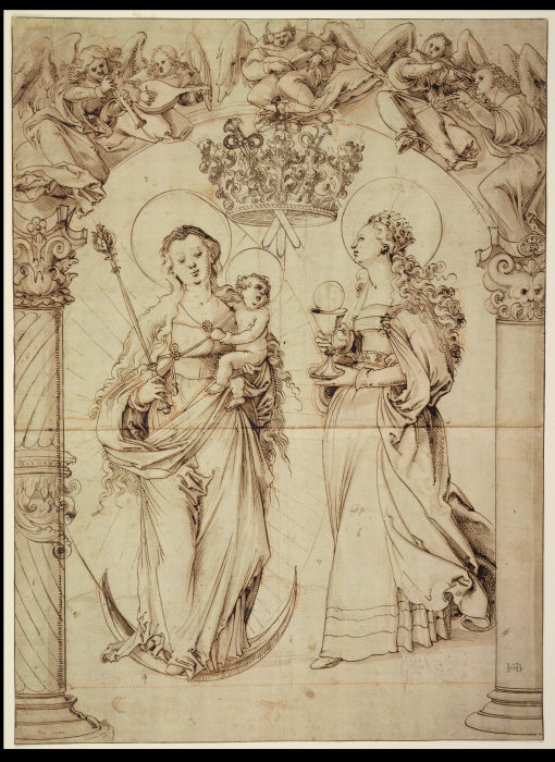 Scheibenriß mit der Madonna auf der Mondsichel und der Heiligen Barbara de Hans Baldung Grien