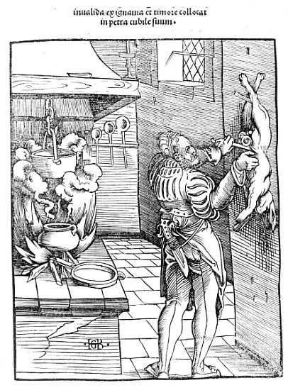 View of a sixteenth century kitchen with cook gutting a rabbit de Hans Baldung Grien