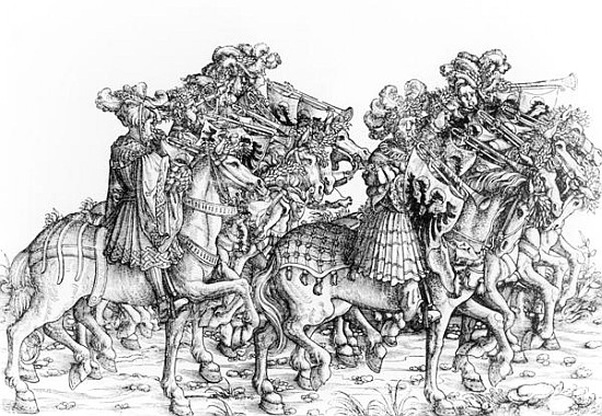 A group of mounted trumpeters, from ''Maximilian''s Triumphal Procession'', c.1516-18 de Hans Burgkmair