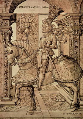 Emperor Maximilian I riding a horse, 1518 (engraving) de Hans Burgkmair