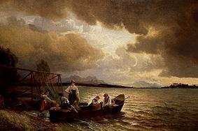 Fisherman in the boat on the Chiemsee shore de Hans Fredrik Gude