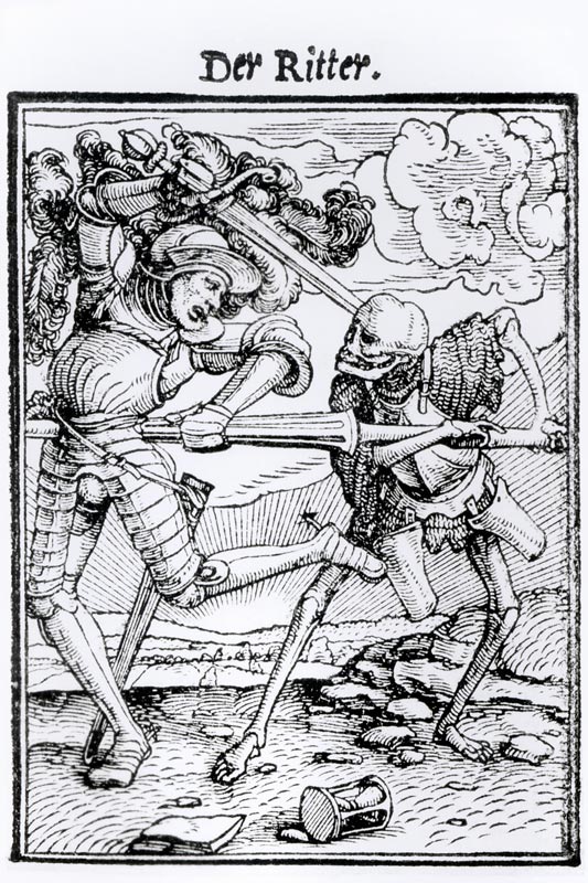 Death and the Knight, from 'The Dance of Death', engraved by Hans Lutzelburger, c.1538 (woodcut) (b/ de Hans Holbein (el Joven)