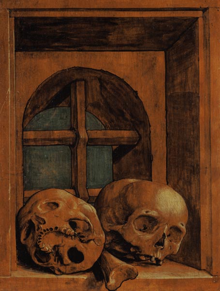 Two skulls in a window recess de Hans Holbein (el Joven)