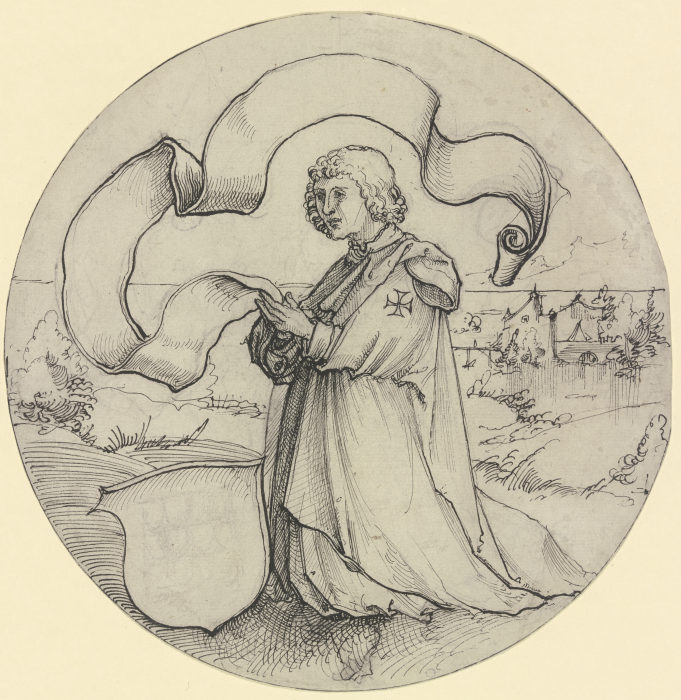 Kniender Johanniter in einer Landschaft mit Spruchband und Wappenschild de Hans Leu d. J.