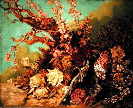 Floral Arrangement with Blossom Branches and Peonies de Hans Makart