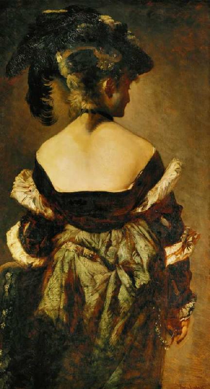 Portrait einer Dame mit einem Federhut, Rückenansicht de Hans Makart