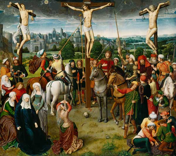 Crucifixion Christi. Middle picture of a house win de Hans Memling