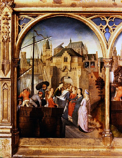 St. Ursula and her companions landing at Cologne, from the Reliquary of St. Ursula, before 1489 de Hans Memling
