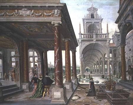 Cappricio of palace architecture with Figures Promenading de Hans or Jan Vredeman de Vries
