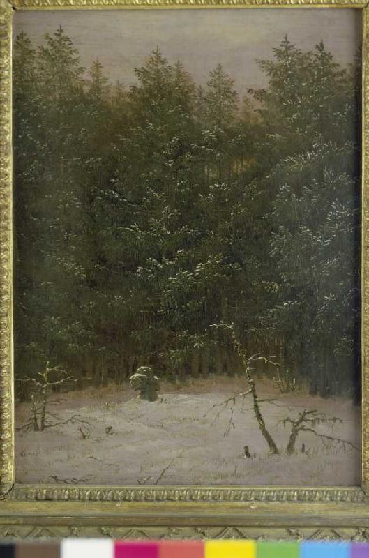 Verschneiter Wald mit Steinkreuz de Hans von Aachen