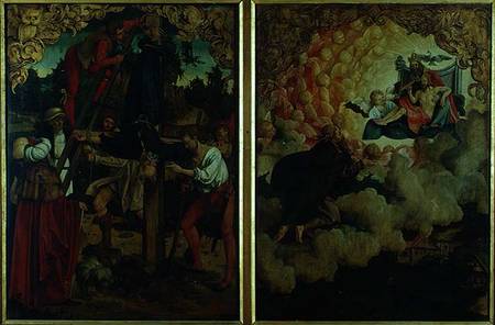 Stories of S.S Peter and Paul altarpiece: detail showing LtoR Crucifixion of St. Peter, St. Paul Asc de Hans von Klumbach