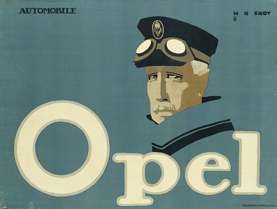 German advertisement for 'Opel' brand cars, printed by Hollerbaum & Schmidt, Berlin de Hans Rudi Erdt