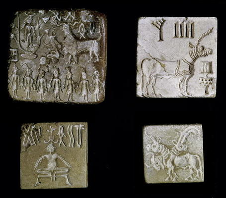 Four seals depicting mythological animals, from Mohenjo-Daro, Indus Valley, Pakistan, 3000-1500 BC ( de Harappan