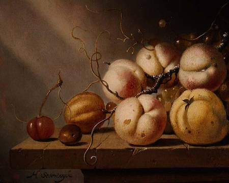 Still life of fruit on a ledge (panel) de Harmen van Steenwyck