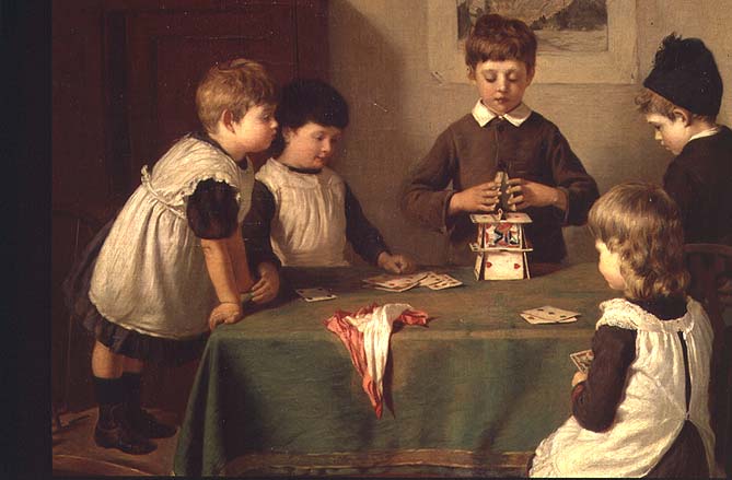 A Critical Moment, detail of children building a house of cards, 1889  de Harry Brooker
