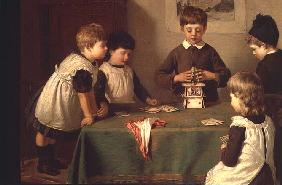 A Critical Moment, detail of children building a house of cards, 1889 