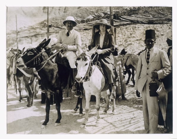 Lady Ribblesdale and Mr Stephen Vlasto arriving on donkeys at the Tomb of Tutankhamun, Valley of the de Harry Burton