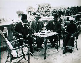 L to R: H.E. Abd El Aziz Yehieh Bey, Governor of Kena, Lord Carnarvon (1866-1923) Mohamed Fahmy Bey,