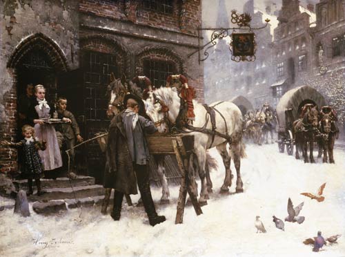 Pferdefüttern in front of an inn in winter de Harry Jochmus