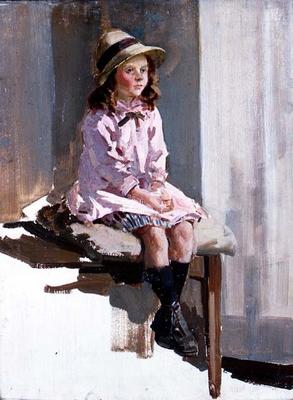 Portrait of a young girl in a pink dress and a straw hat (panel) de Harry Watson