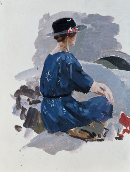 Woman in a blue dress and wide brimmed hat sitting upon rocks (oil on paper) de Harry Watson