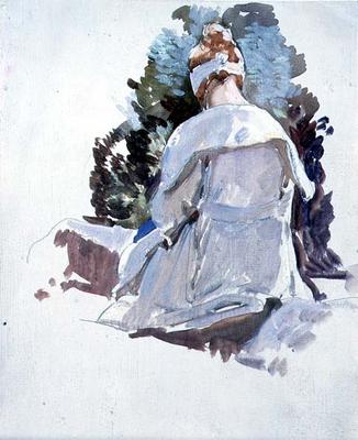 Woman in a white dress sitting upon rocks (oil on paper) de Harry Watson