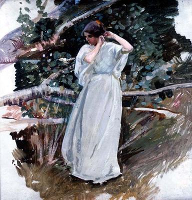 Young woman in a long white dress (panel) de Harry Watson