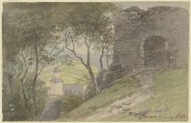 Falkenstein, Ansicht der Ruine mit der Kirche im Tal