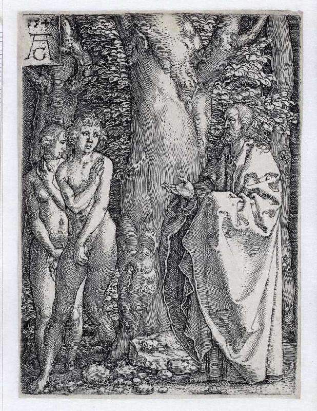 Die Geschichte von Adam und Eva: Adam und Eva bedecken ihre Scham de Heinrich Aldegrever