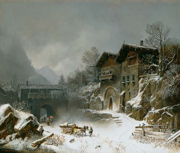 The houses of rat mountain in winter de Heinrich Bürkel