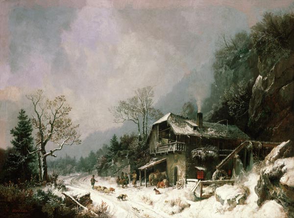 Winter landscape at a smithy de Heinrich Bürkel
