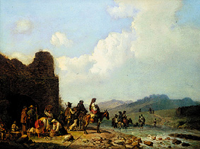 Campagna landscape with pulling country people in de Heinrich Bürkel