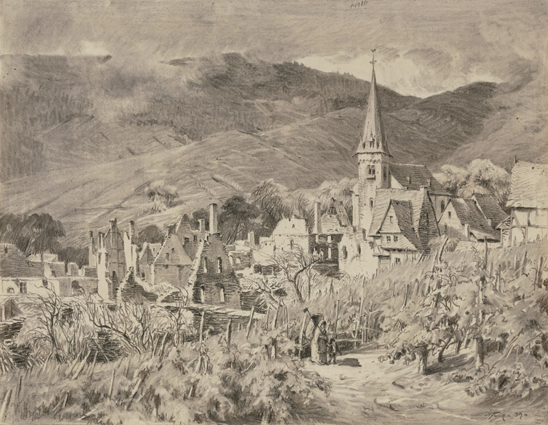 Ansicht eines ruinösen Dorfes, umgeben von Weinbergen de Heinrich Funk