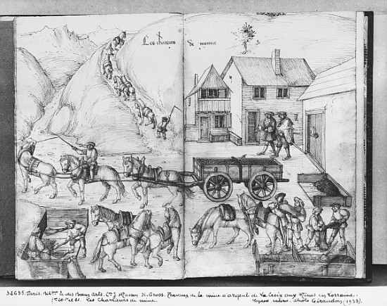 Silver mine of La Croix-aux-Mines, Lorraine, fol.20v and fol.21r, transporting the ore, c.1530 de Heinrich Gross or Groff
