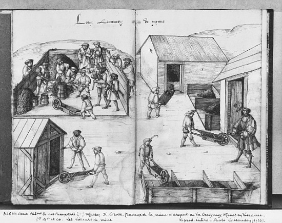 Silver mine of La Croix-aux-Mines, Lorraine, fol.19v and fol.20r, delivering the ore, c.1530 de Heinrich Gross or Groff