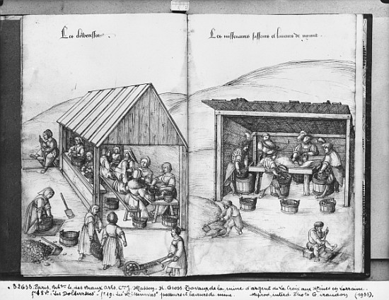 Silver mine of La Croix-aux-Mines, Lorraine, fol.18v and fol.19, sorting out and washing the ore, c. de Heinrich Gross or Groff
