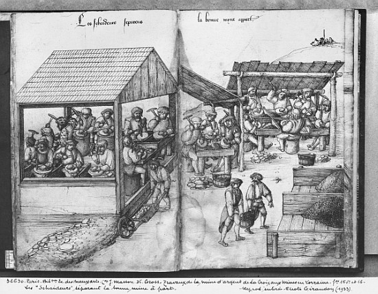 Silver mine of La Croix-aux-Mines, Lorraine, fol.15v and fol.16r, miners sorting the ore out, c.1530 de Heinrich Gross or Groff