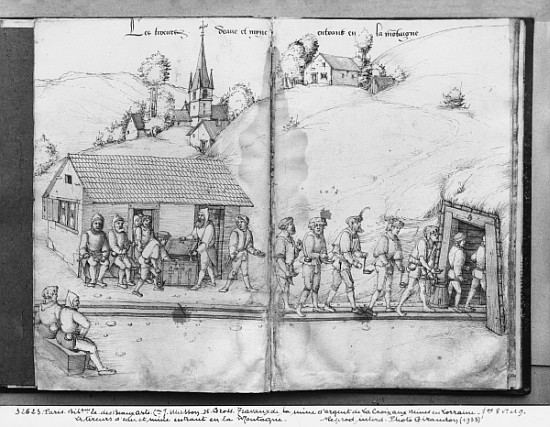 Silver mine of La Croix-aux-Mines, Lorraine, fol.8v and fol.9r, miners entering the mine, c.1530 de Heinrich Gross or Groff