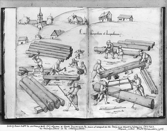 Silver mine of La Croix-aux-Mines, Lorraine, fol.2v and fol.3r, carpenters and carpentry, c.1530 de Heinrich Gross or Groff